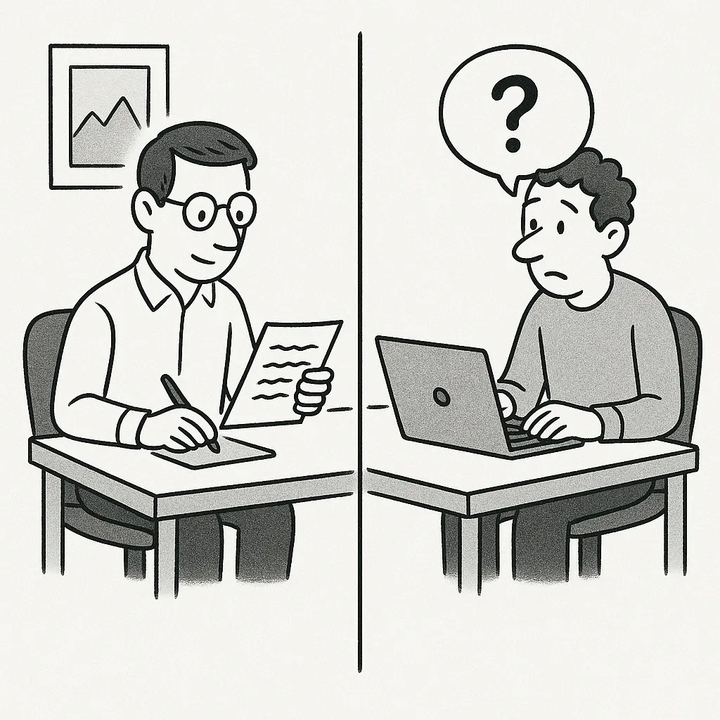 Communication illustration showing two people at desks